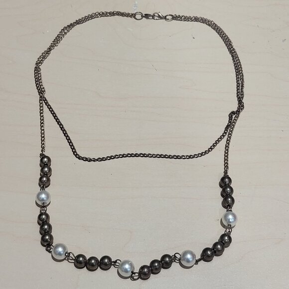 Two Strand Layered Chain and Bead Necklace - Picture 7 of 11